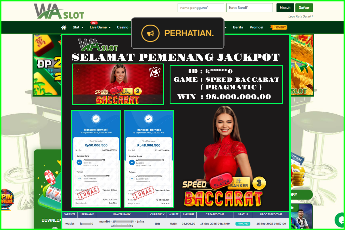 WASLOT – SPEED BACCARAT 3 ( PRAGMATIC )