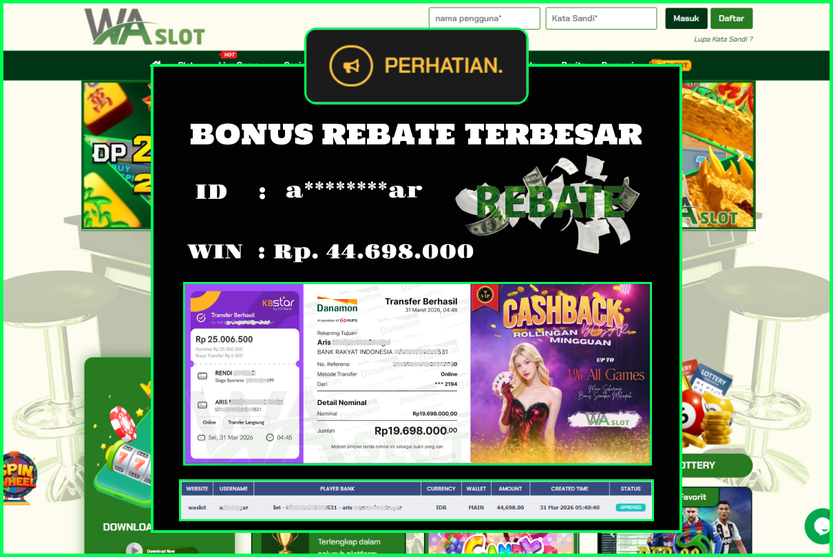 WASLOT – BONUS REBATE TERBESAR