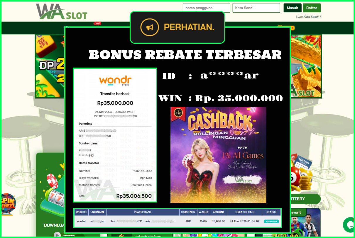 WASLOT – BONUS REBATE TERBESAR